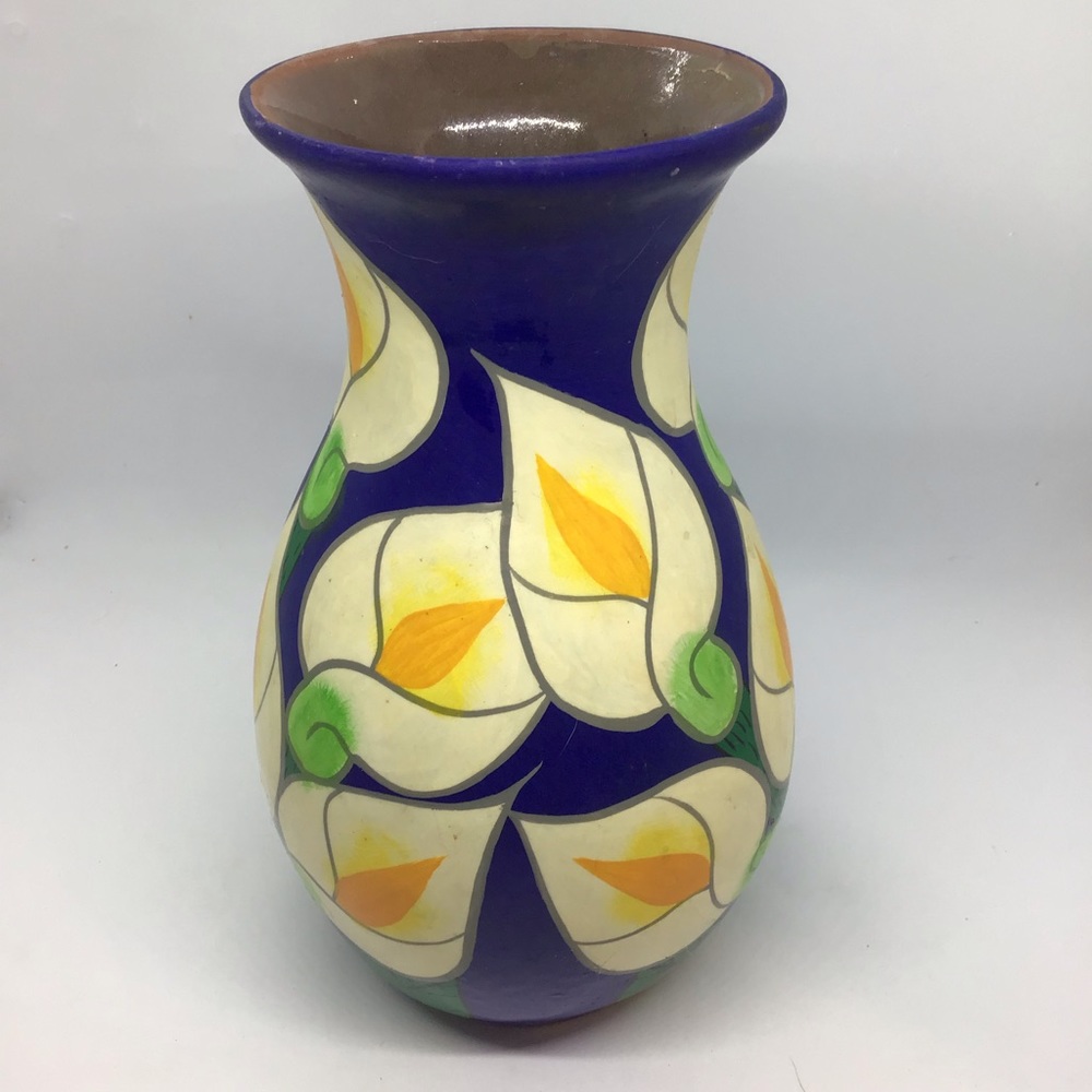 Vtg Mexican Blue Calla Lily Flower Hand Painted Red Clay Vase Pottery Folk Art - Picture 1 of 7